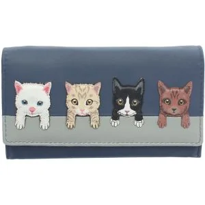 Mala Leather Portemonnee met Katten Appliqué, Marineblauw